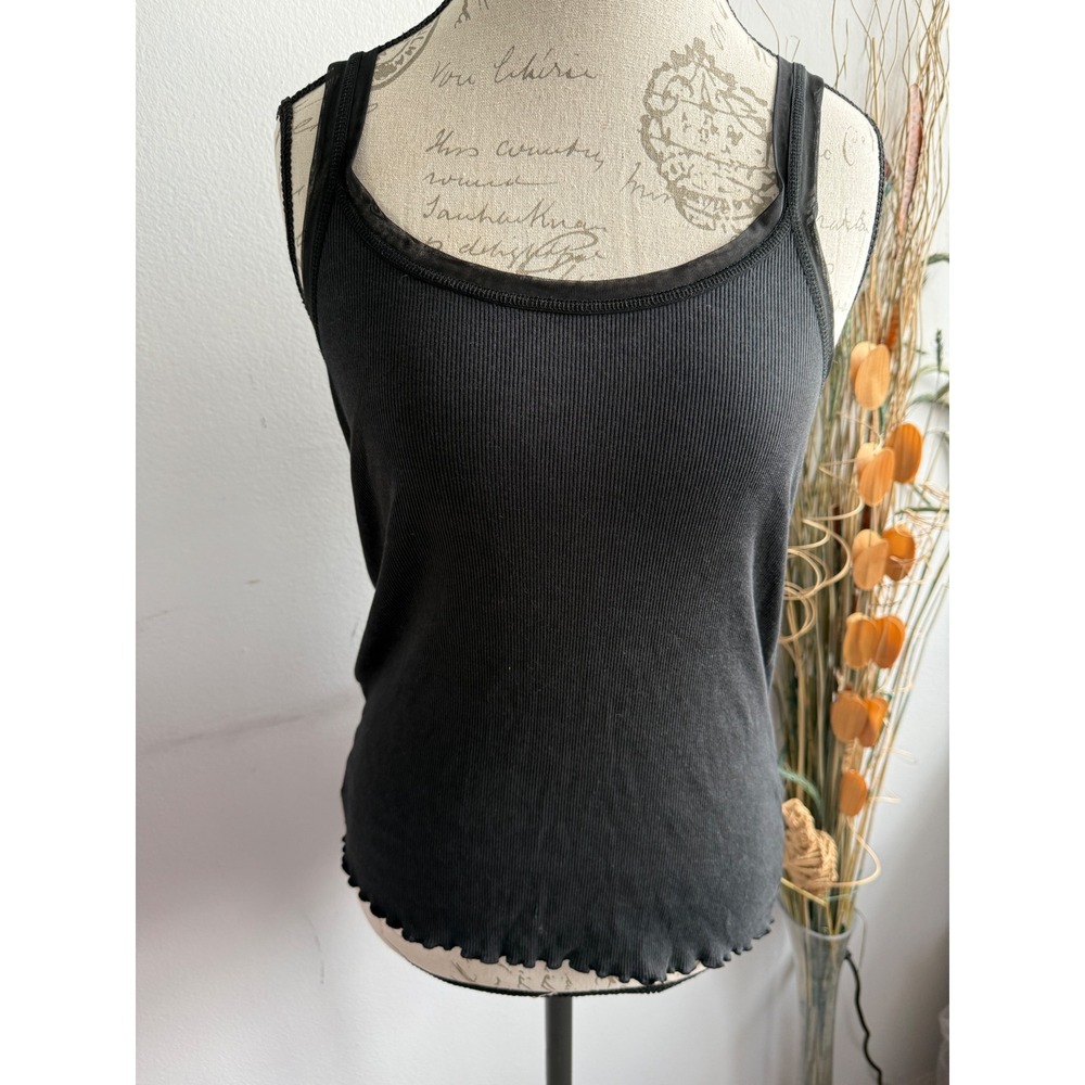 Victoria's Secret Black Ribbed Mesh Trim Lettuce Hem Tank Top XL Sleeveless